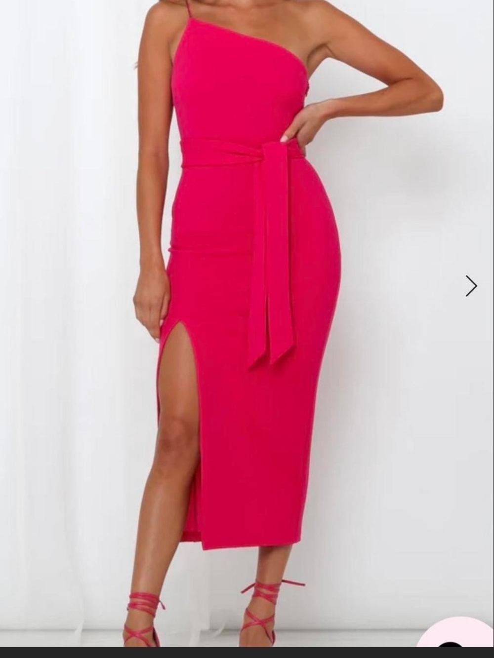 One-Shoulder Hot Pink Midi Dress with Side Slit
